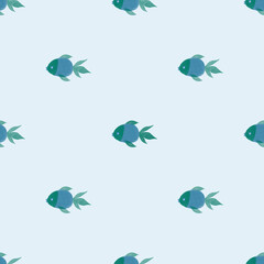 Seamless pattern with small blue fish on a light pastel background, created in a simple textured watercolor style. Suitable for children’s prints, fabric, packaging, wrapping paper and surface design.