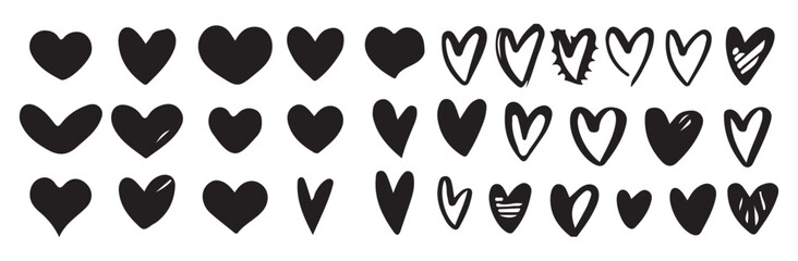 Solid black heart shapes. Variety of stylized love icons. Silhouette heart collection. Graphic elements.