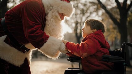 Santa claus greets a young boy in a wheelchair outdoors on a sunny day during the christmas season - Powered by Adobe