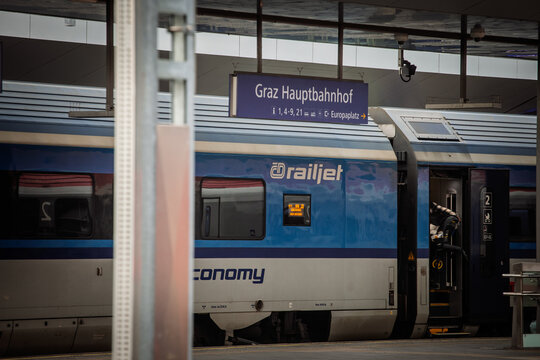 GRAZ, AUSTRIA - DECEMBER 22, 2024: CD railjet train at Graz Hauptbahnhof in Austria. Operated by Ceske Drahy, CD Railjet is a high speed rail service train from czech railways.