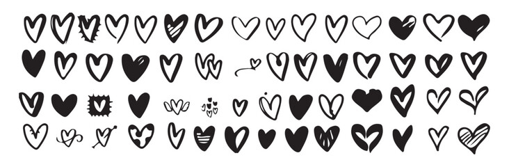 Extensive set of hand drawn heart shapes. Various doodle love icons. Sketchy heart collection for design.