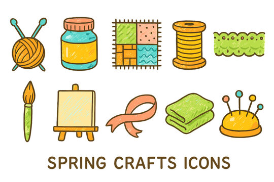 Crafts and sewing icon set. Colorful, hand-drawn collection for diy projects