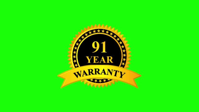 Golden 91 year warranty badge with ribbon on green screen background, premium quality guarantee label, certification seal, quality assurance, product guarantee seal, metallic gold warranty card