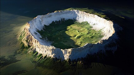An aerial perspective reveals a vast, ancient volcanic crater, its steep, white-capped rim contrasting with the vibrant green landscape within.