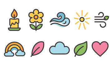Nature and weather icon set. Cute, colorful, flat icons for weather, environmental themes