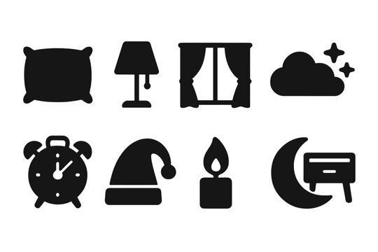 Cozy sleep silhouette icon set. Bedtime, night routine icons for relaxation