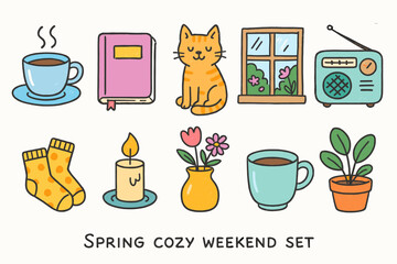 Spring cozy weekend icon set. Charming doodle style illustrations for relaxed days