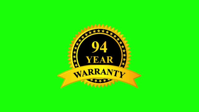 Golden 94 year warranty badge with ribbon on green screen background, premium quality guarantee label, certification seal, quality assurance, product guarantee seal, metallic gold warranty card
