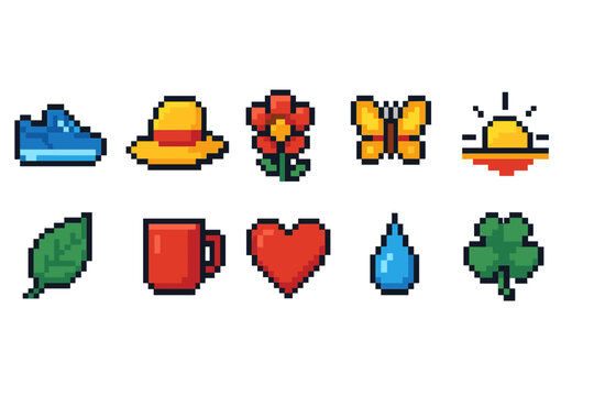 Retro pixel icon set. Nostalgic, colorful icons in classic 8-bit style collection