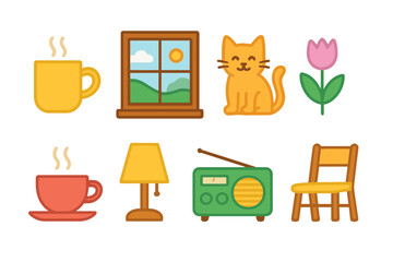 Neon glowing icon set: home, flowers, and coffee with a warm light outline style.