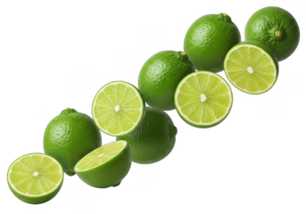 Fresh Limes Cut and Whole Green Citrus Fruit Diagonal Arrangement on Isolated Background