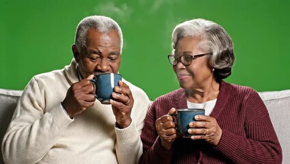 Elderly African American couple enjoying hot drinks.