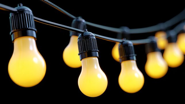 Clean image of luminous yellow bulbs on black wires, minimal and uncluttered, warm glowing lights against a blank white canvas
