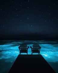 Fototapeta premium Two chairs on a pier under a starry night sky with bioluminescent water at dusk