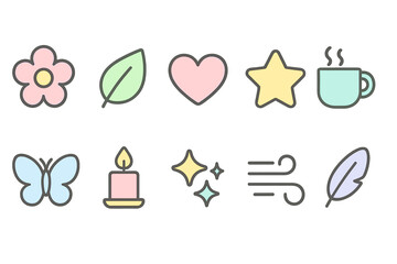 Nature, relaxation icon set. Calm, wellness symbols in pastel, outline style.