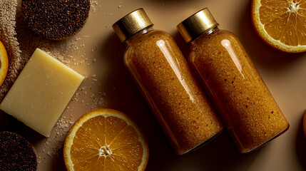 A mockup of two glass bottles filled with orange-colored body scrubs, accompanied by a bar of soap and sliced oranges on the side. The background is beige in color.