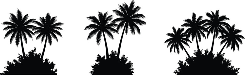 Palm tree silhouettes, tropical landscape graphics, beach foliage icons, summer nature elements, exotic scenery, cad drawing flat vector illustration