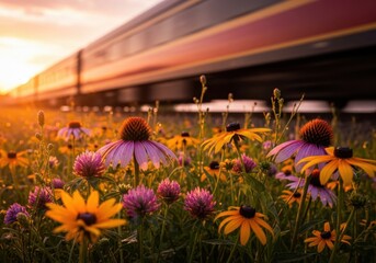 Train journey through a vibrant field of wildflowers at sunset, with purple coneflowers and yellow daisies blooming