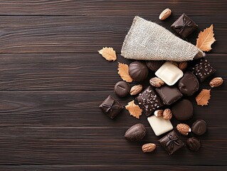 A variety of chocolates, including dark, milk, and white, are scattered on a wooden surface with decorative autumn leaves and nuts.