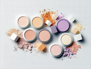 A collection of round compact powders in various shades of pink, peach, beige, and lavender, with loose powder and small cubes scattered around.