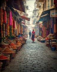 Naklejka premium Vibrant Indian Market Scene: A Bustling Street with Spices, People, and Colorful Textiles