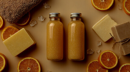 A mockup of two glass bottles filled with orange-colored body scrubs, accompanied by a bar of soap and sliced oranges on the side. The background is beige in color.
