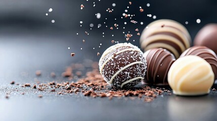 A close-up shot of various gourmet chocolates, including dark, milk, and white varieties, with cocoa powder and white sprinkles in mid-air.