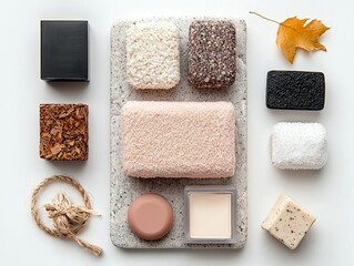 A flat lay composition featuring various textured soaps, a round compact, and a small bundle of twine, accented by an autumn leaf on a speckled stone surface.