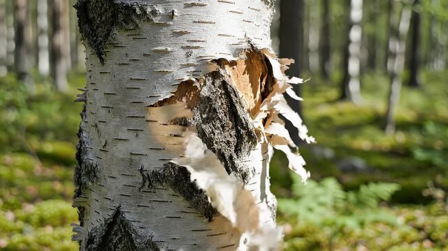 Close up of peeling birch bark in a forest