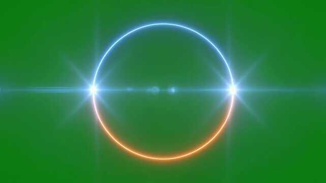 Glowing neon circle with blue and orange halves and light flares on a green screen background.