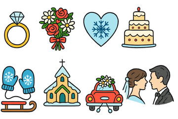 Wedding and love icon set. Romantic, celebration, marriage icons in filled style.