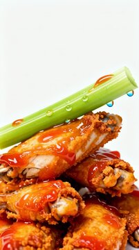 Crispy buffalo chicken wings with vibrant sauce and fresh celery create a delicious food experience perfect for sports bars and game day menus