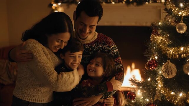 A family of four embracing by a christmas tree with warm lights and ornaments in a cozy indoor setting