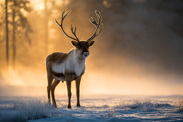 Reindeer winter snow forest animal wildlife nature mammal antlers dawn
