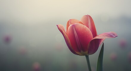 Close up of a vibrant tulip flower in soft light with blurred background