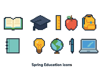 Education, school flat icon set. Learning, study tools pixel art collection