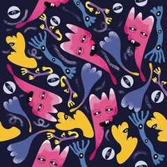 Monster, aesthetic, eyeball, flower, abstract, pattern, hand drawn, purple, pink, blue, yellow, navy, cute,graphic design,illustration,seamless,pattern