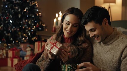 A couple opening a christmas gift in front of a christmas tree and a fireplace with presents around - Powered by Adobe
