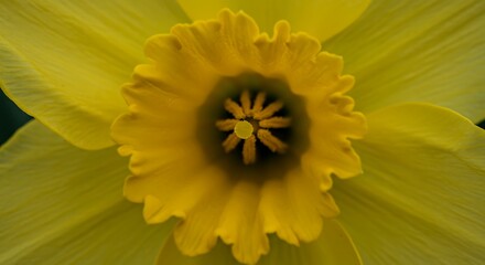 Close up of a vibrant yellow daffodil flower revealing intricate details