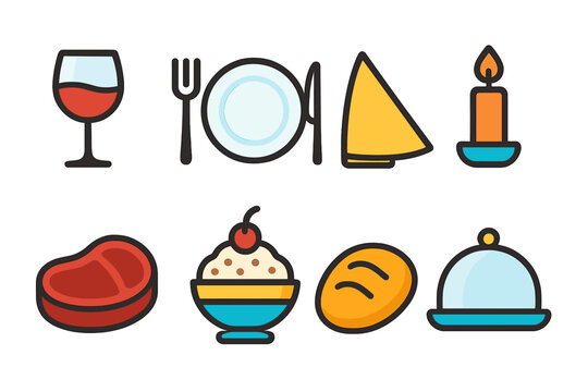 Dining and food flat icon set. Restaurant, meal, culinary symbols flat collection