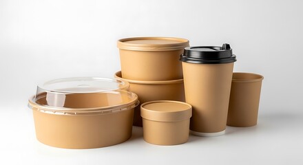 Stylish eco friendly food containers and coffee cups for your restaurant's branding needs, perfect for delivery and takeout, sustainable choices included