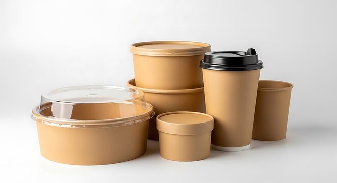 Stylish eco friendly food containers and coffee cups for your restaurant's branding needs, perfect for delivery and takeout, sustainable choices included