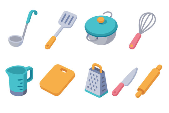 Kitchen utensils 3d icon set. Cooking tools and gadgets collection in vibrant 3d style