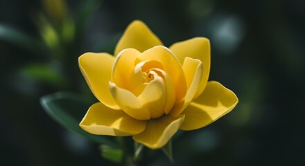 Close up of a vibrant yellow flower with delicate petals and green foliage