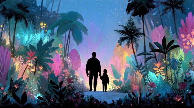 A man and a child stand hand-in-hand, silhouetted against a fantastical, glowing forest landscape filled with colorful, luminous foliage and palm trees.
