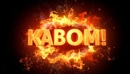 Graphic of glowing "KABOM!" engulfed in fire and smoke against a black background