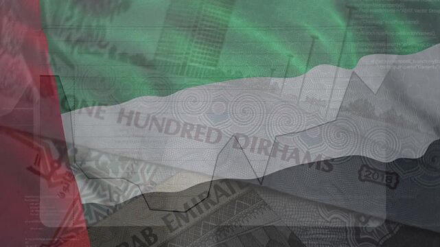 United Arab Emirates flag with Growing financial charts and diagrams showing increasing profits. Economic or stock market concept with United Arab Emirates dirham banknote.