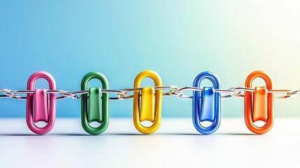 A row of five brightly colored paper clips, pink, green, yellow, blue, and orange, are interlinked on a metal chain, symbolizing connection and unity.