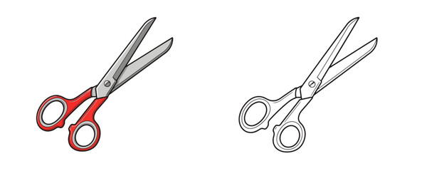 Realistic color and black and white drawing of open metal scissors with bright red plastic handles vector illustration isolated on white background