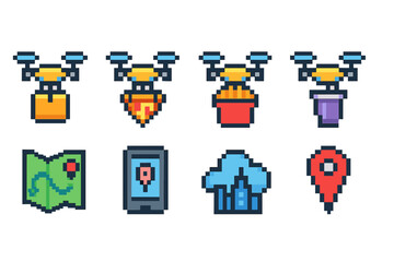 Obraz premium Drone delivery icon set. 3D technology, logistics, and navigation icons collection